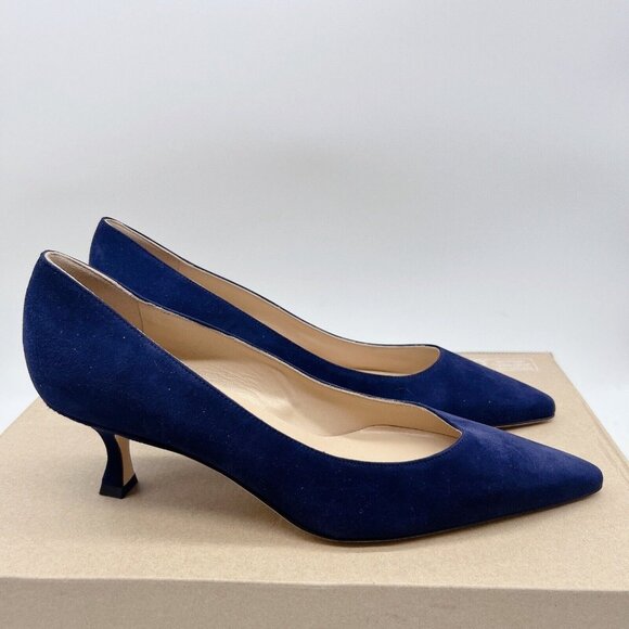 MANOLO BLAHNIK Srila Low Heel Pumps Navy Blue Suede Pointed Toe EU 38.5 US 8.5 - Picture 6 of 12